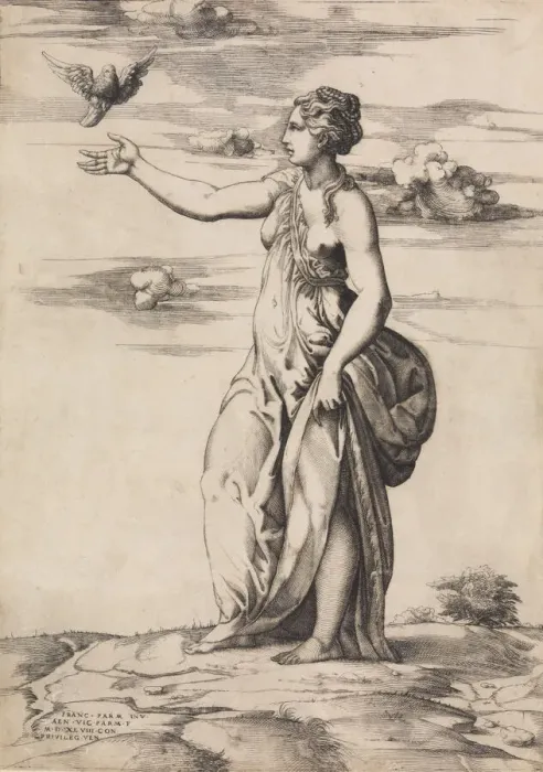 Framed Print : Proserpine Changing Aesculapius into an Owl, 1548. Creator: Enea Vico