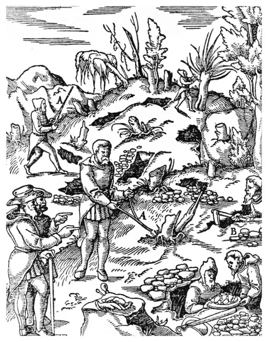 Framed Print : Prospecting for metals, 1556 (1956) Framed Print : Prospecting for metals, 1556 (1956)
