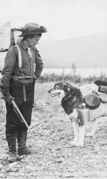 Framed Print : Prospector and dog ready for the summer trail, between c1900 and c1930. Creator: Unknown Framed Print : Prospector and dog ready for the summer trail, between c1900 and c1930. Creator: Unknown