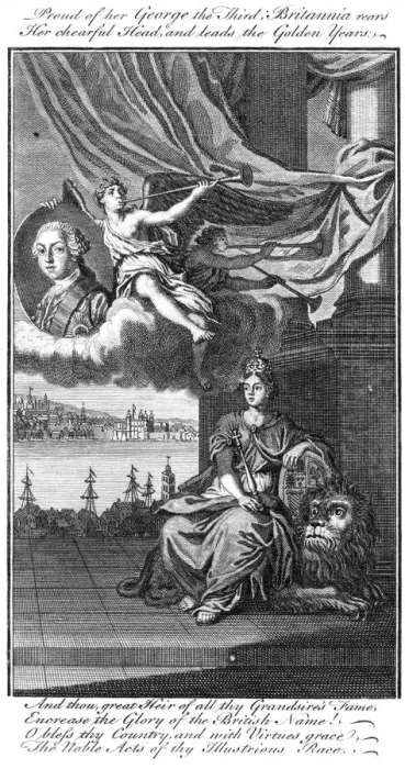 Framed Print : Proud of her George III; Britannia rears her chearful head, and leads the golden years Framed Print : Proud of her George III; Britannia rears her chearful head, and leads the golden years