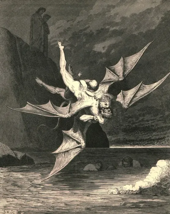 Gustave Dore Print of Two Demons in Boiling Lake, c1890. Art
