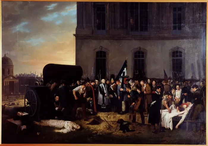 Framed Print : Provisional burial of July victims in front of the colonnade of the Louvre, 1831. Creator: Jean Alphonse Roehn Framed Print : Provisional burial of July victims in front of the colonnade of the Louvre, 1831. Creator: Jean Alphonse Roehn