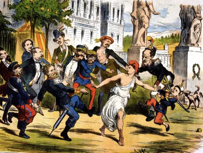 Framed Print : Provisional Government of 1869 - 1870, allegory of democracy hounded by pretenders to the throne Framed Print : Provisional Government of 1869 - 1870, allegory of democracy hounded by pretenders to the throne