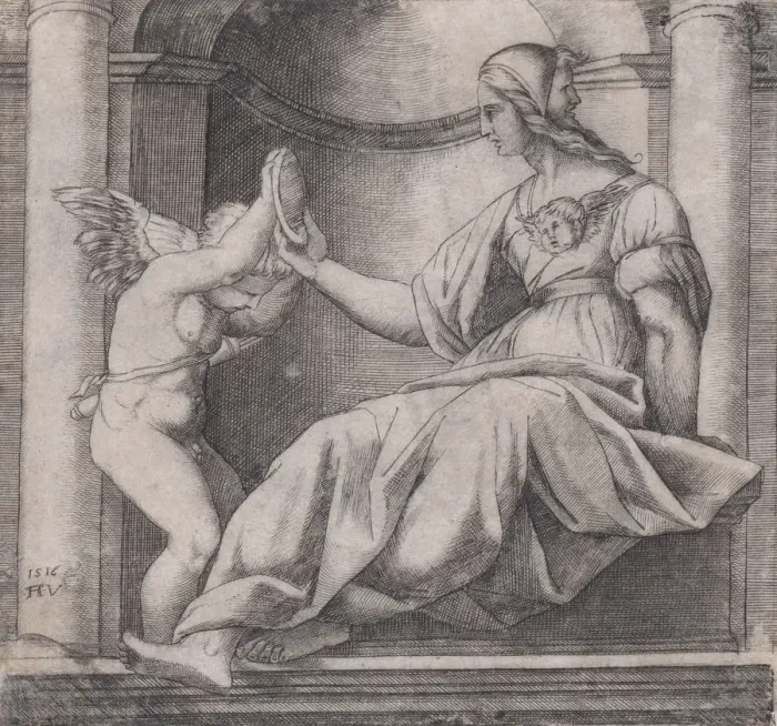 Framed Print : Prudence, dated 1516. Creator: Agostino Veneziano Framed Print : Prudence, dated 1516. Creator: Agostino Veneziano