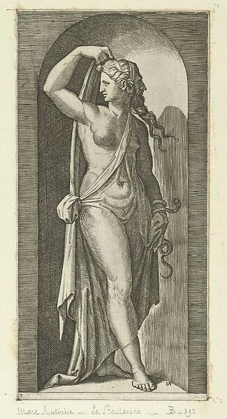 Prudence personified by a woman standing in a niche, holding a shawl in her right h... ca. 1515-25. Creator: Marcantonio Raimondi