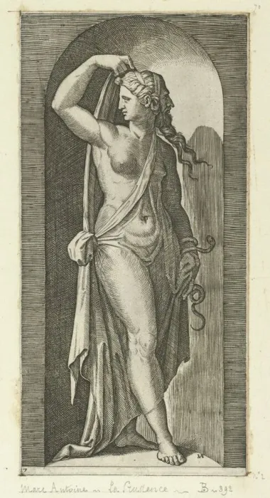 Framed Print : Prudence personified by a woman standing in a niche, holding a shawl in her right h... ca. 1515-25. Creator: Marcantonio Raimondi Framed Print : Prudence personified by a woman standing in a niche, holding a shawl in her right h... ca. 1515-25. Creator: Marcantonio Raimondi