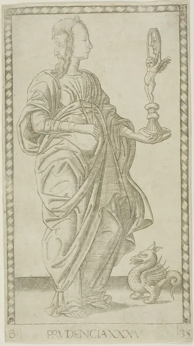 Framed Print : Prudence, plate 35 from Genii and Virtues, c.1465. Creator: Unknown Framed Print : Prudence, plate 35 from Genii and Virtues, c.1465. Creator: Unknown