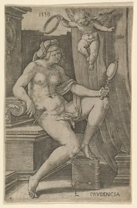 Framed Print : Prudence, from the series The Seven Virtues, 1530. Creator: Lucas van Leyden Framed Print : Prudence, from the series The Seven Virtues, 1530. Creator: Lucas van Leyden