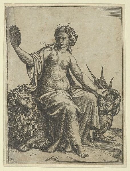 Prudence as a young woman, sitting on a lion and holding the neck of a dragon with... ca. 1510-27. Creator: Marcantonio Raimondi