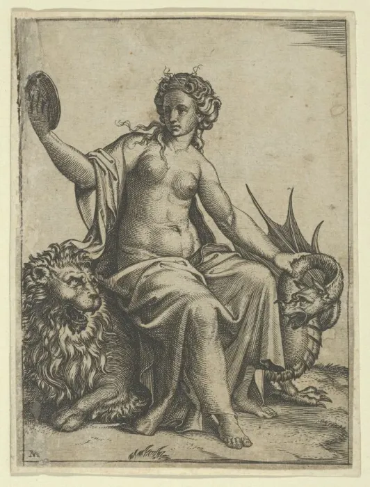 Framed Print : Prudence as a young woman, sitting on a lion and holding the neck of a dragon with... ca. 1510-27. Creator: Marcantonio Raimondi Framed Print : Prudence as a young woman, sitting on a lion and holding the neck of a dragon with... ca. 1510-27. Creator: Marcantonio Raimondi