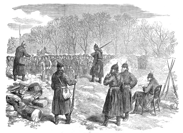 Framed Print : Prussian barricade on the Rueil road: French peasants waiting to pass to their villages, 1871. Creator: Unknown Framed Print : Prussian barricade on the Rueil road: French peasants waiting to pass to their villages, 1871. Creator: Unknown