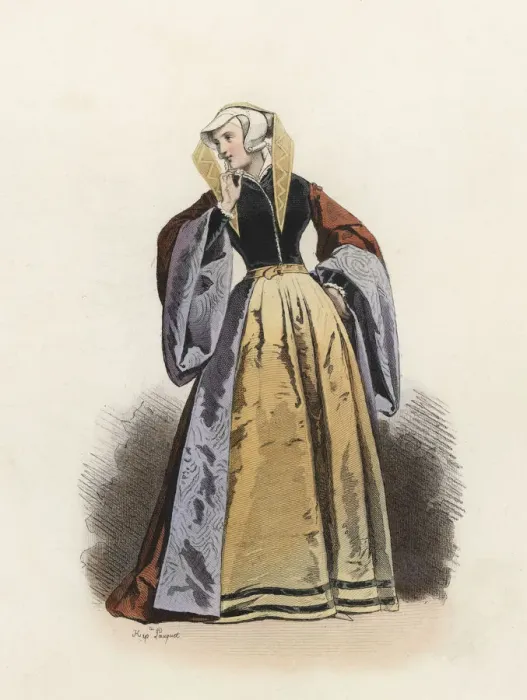 Framed Print : Prussian housekeeper with a party dress, in the modern age, color engraving 1870 Framed Print : Prussian housekeeper with a party dress, in the modern age, color engraving 1870