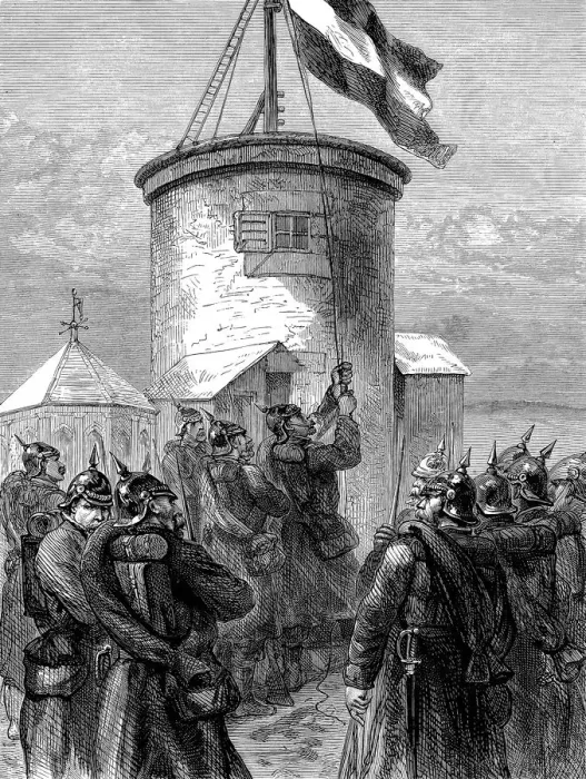 Framed Print : Prussian troops hoisting their flag at Valerien, Franco-Prussian War, 1870-1871 (c1880) Framed Print : Prussian troops hoisting their flag at Valerien, Franco-Prussian War, 1870-1871 (c1880)