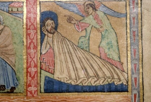 Detail of a Psalter, Angel Warns Joseph to fle to Egypt, c1140