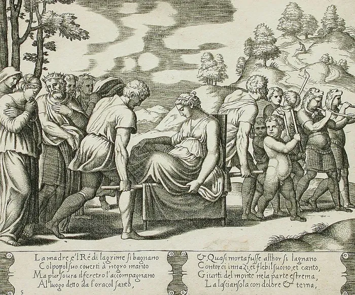 Framed Print : Psyche carried on a litter being taken to a mountain, between 1520 and 1535. Creator: Master of the Die Framed Print : Psyche carried on a litter being taken to a mountain, between 1520 and 1535. Creator: Master of the Die
