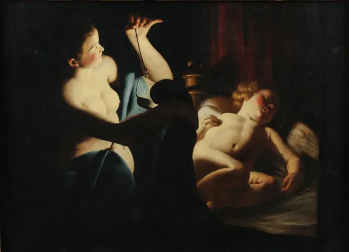 Framed Print : Psyche discovers Cupid, First third of 17th century. Artist: Candlelight Master (active c. 1620-1640) Framed Print : Psyche discovers Cupid, First third of 17th century. Artist: Candlelight Master (active c. 1620-1640)