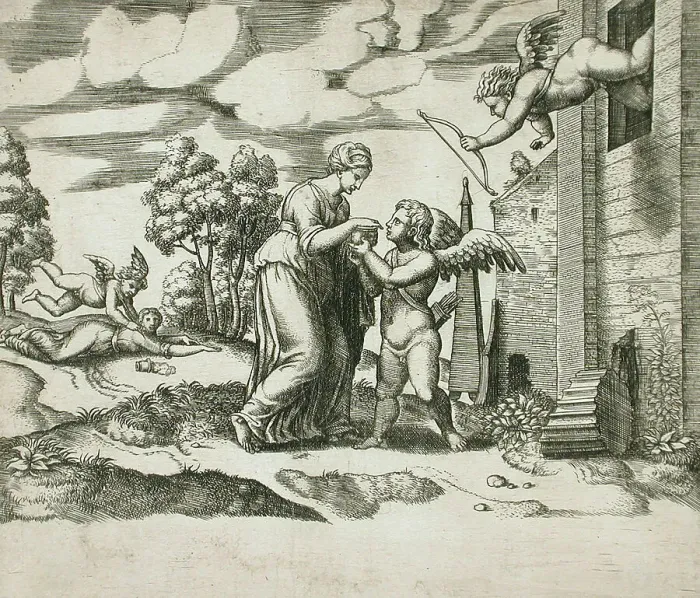 Framed Print : Psyche Opens the Fateful Box, between 1520 and 1535. Creators: Master of the Die, Michiel Coxie Framed Print : Psyche Opens the Fateful Box, between 1520 and 1535. Creators: Master of the Die, Michiel Coxie