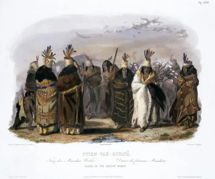 Framed Print : Ptihn-Tak-Ochata, Dance of the Mandan Women, 1843. Artist: Charles Geoffroy Framed Print : Ptihn-Tak-Ochata, Dance of the Mandan Women, 1843. Artist: Charles Geoffroy