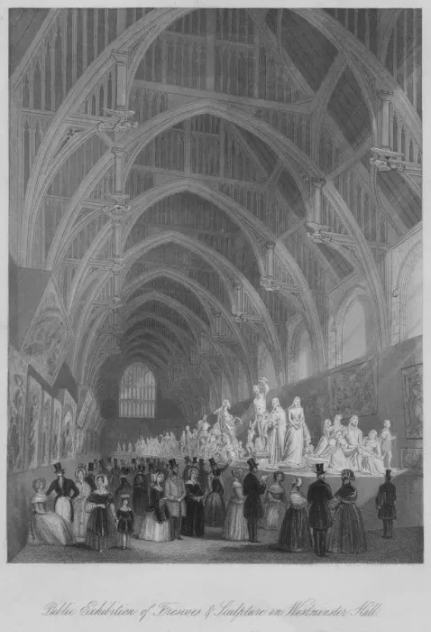 Framed Print : Public Exhibition of Frescoes & Sculpture in Westminster Hall, c1841. Artist: William Radclyffe Framed Print : Public Exhibition of Frescoes & Sculpture in Westminster Hall, c1841. Artist: William Radclyffe