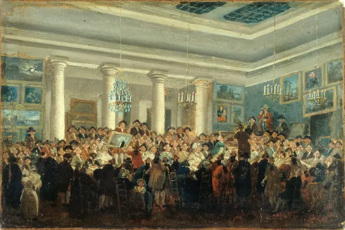 Framed Print : Public sale of paintings, c1785. Creator: Pierre-Antoine Demachy Framed Print : Public sale of paintings, c1785. Creator: Pierre-Antoine Demachy