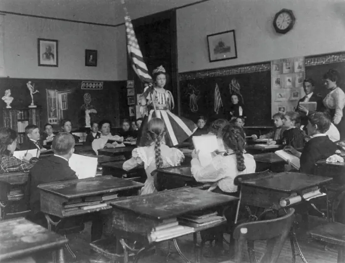 Framed Print : Public school students in art class sketching live model wearing stars-and...Washington DC, (1899?). Creator: Frances Benjamin Johnston Framed Print : Public school students in art class sketching live model wearing stars-and...Washington DC, (1899?). Creator: Frances Benjamin Johnston