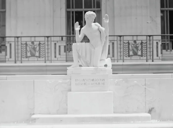 Framed Print : Puck statue at the Folger Library by Brenda Putnam, between 1911 and 1942. Creator: Arnold Genthe Framed Print : Puck statue at the Folger Library by Brenda Putnam, between 1911 and 1942. Creator: Arnold Genthe