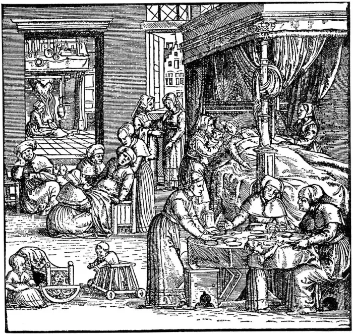 Framed Print : Puerperium in Frankfurt in the 16th century Framed Print : Puerperium in Frankfurt in the 16th century