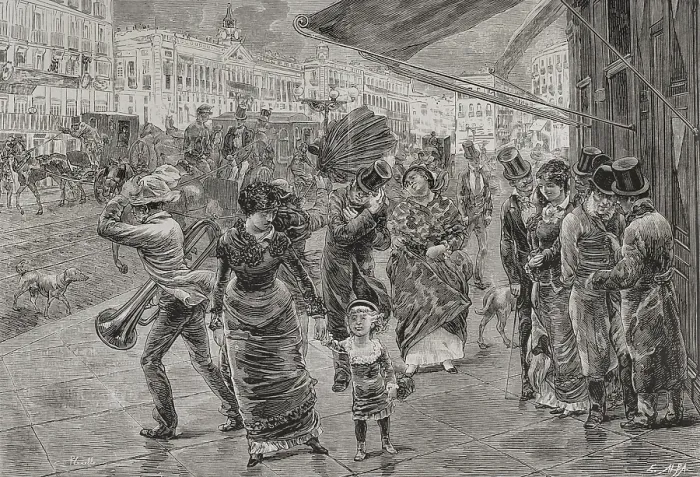 Framed Print : 'Puerta del Sol' (Gate of the Sun), Madrid, 1878. People walking surprised by the wind. Creator: Enrique Alba Framed Print : 'Puerta del Sol' (Gate of the Sun), Madrid, 1878. People walking surprised by the wind. Creator: Enrique Alba