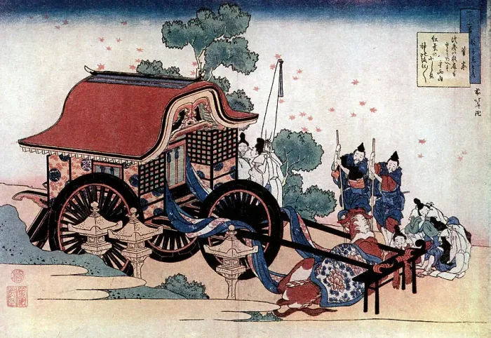 Framed Print : Pulling a three-wheeled carriage, Japanese woodcut, c1780-1849. Artist: Hokusai Framed Print : Pulling a three-wheeled carriage, Japanese woodcut, c1780-1849. Artist: Hokusai