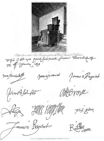 The pulpit of John Knox, and signatures of several eminent personages, 16th century, (1840). Artist: C J Smith