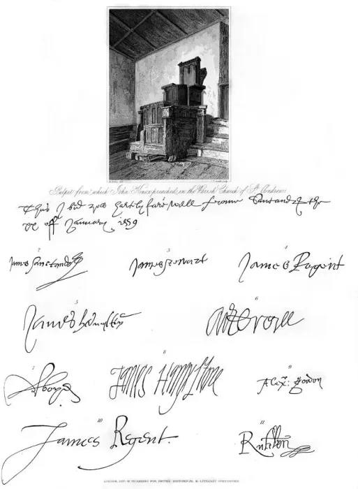 Framed Print : The pulpit of John Knox, and signatures of several eminent personages, 16th century, (1840). Artist: C J Smith Framed Print : The pulpit of John Knox, and signatures of several eminent personages, 16th century, (1840). Artist: C J Smith