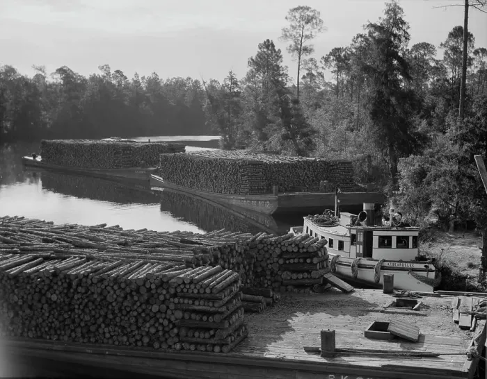 Framed Print : Pulpwood going down the River Styx to Mobile by inland waterway, near Robertsdale, Alabama, 1937. Creator: Dorothea Lange Framed Print : Pulpwood going down the River Styx to Mobile by inland waterway, near Robertsdale, Alabama, 1937. Creator: Dorothea Lange