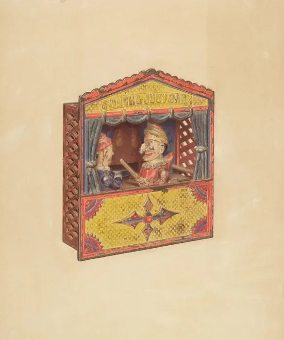 Framed Print : Punch and Judy Penny Bank, c. 1939. Creator: Parker Cushman Framed Print : Punch and Judy Penny Bank, c. 1939. Creator: Parker Cushman