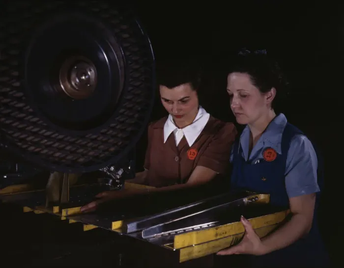 Framed Print : Punching rivet holes in a frame member for a B-25 bomber... North American Aviation, Inc. CA, 1942. Creator: Alfred T Palmer Framed Print : Punching rivet holes in a frame member for a B-25 bomber... North American Aviation, Inc. CA, 1942. Creator: Alfred T Palmer