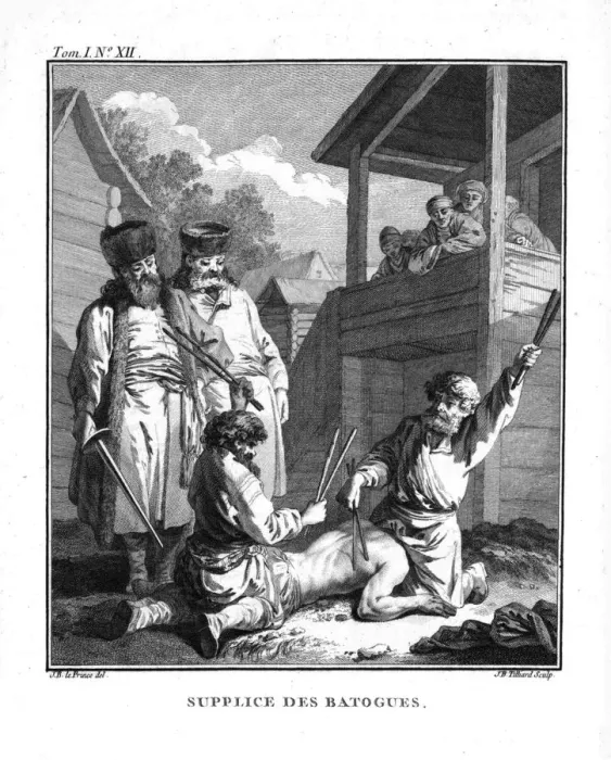 Framed Print : Punishment with batogs. From Voyage en Siberie, 1766. Artist: Le Prince, Jean-Baptiste (1734-1781) Framed Print : Punishment with batogs. From Voyage en Siberie, 1766. Artist: Le Prince, Jean-Baptiste (1734-1781)