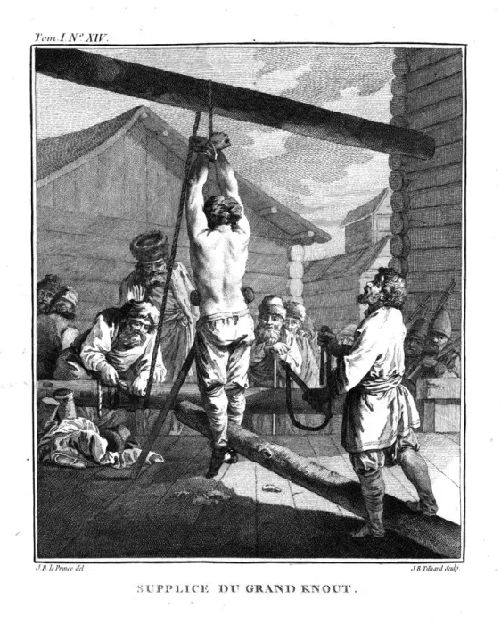 Framed Print : Punishment with a Great Knout. From Voyage en Siberie, 1766. Artist: Le Prince, Jean-Baptiste (1734-1781) Framed Print : Punishment with a Great Knout. From Voyage en Siberie, 1766. Artist: Le Prince, Jean-Baptiste (1734-1781)