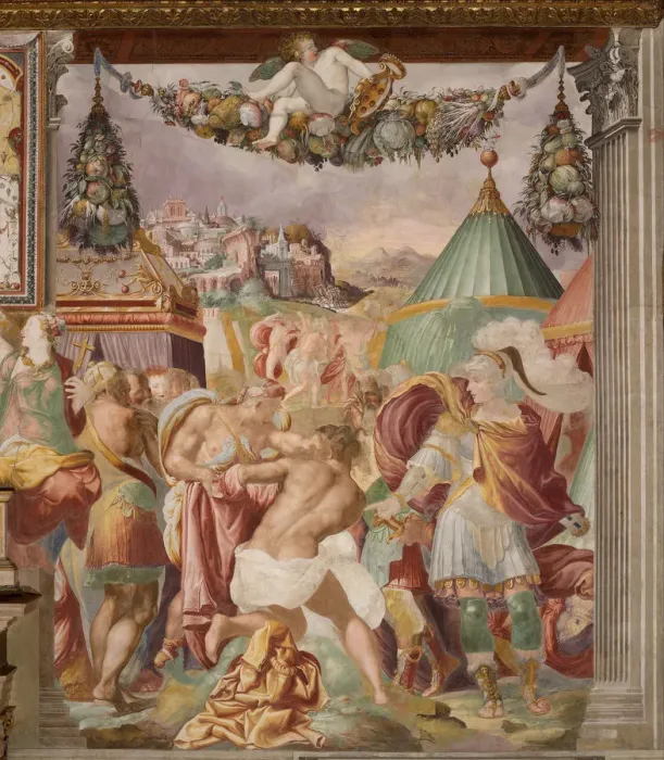 Framed Print : The punishment of the treacherous schoolmaster of Falerii, c. 1544. Artist: Rossi, Francesco, de (1510-1563) Framed Print : The punishment of the treacherous schoolmaster of Falerii, c. 1544. Artist: Rossi, Francesco, de (1510-1563)