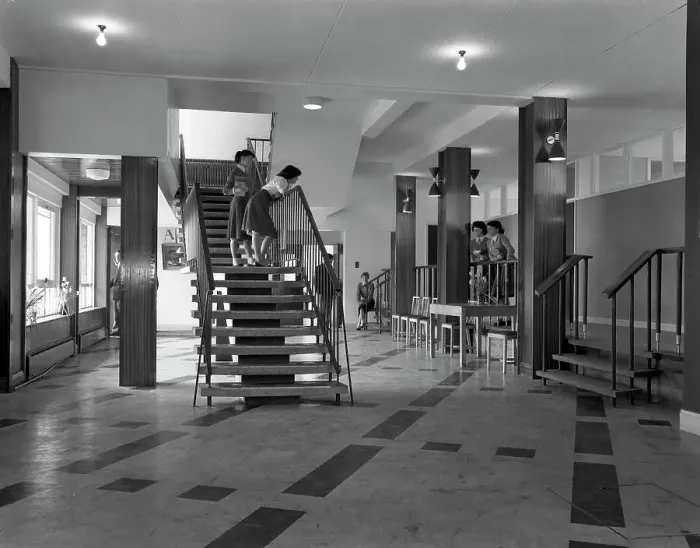 Framed Print : Pupils talking on a stairway, Tapton Hall Secondary Modern School, Sheffield, South Yorkshire, 1960 Framed Print : Pupils talking on a stairway, Tapton Hall Secondary Modern School, Sheffield, South Yorkshire, 1960