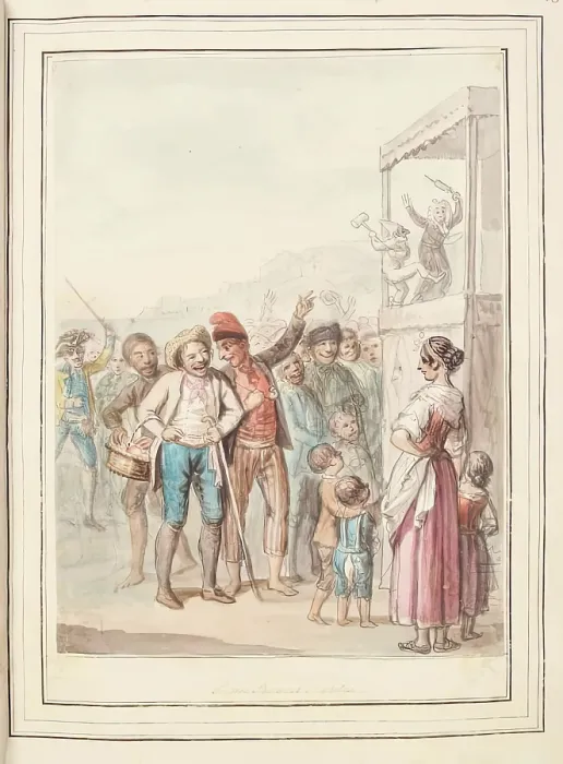 Framed Print : Puppet Show at Naples, leaf from A Collection of Dresses by David Allan Mostly from Nature, 1776 Framed Print : Puppet Show at Naples, leaf from A Collection of Dresses by David Allan Mostly from Nature, 1776