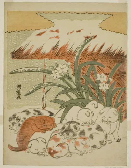 Framed Print : Puppies in the Snow, c. 1773. Creator: Isoda Koryusai Framed Print : Puppies in the Snow, c. 1773. Creator: Isoda Koryusai