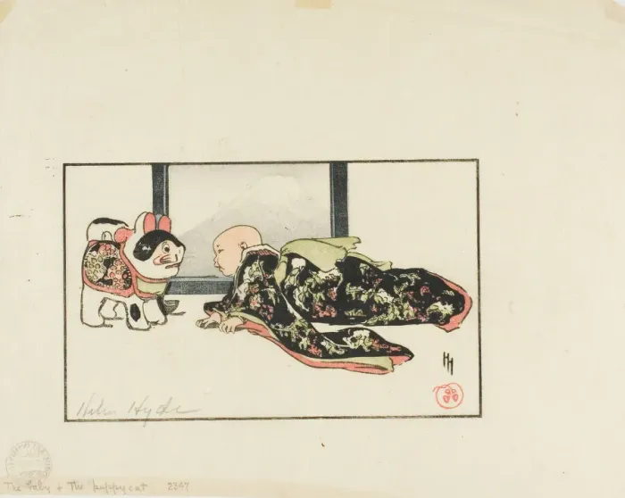 Framed Print : The Puppy-Cat and the Baby, 1904. Creator: Helen Hyde Framed Print : The Puppy-Cat and the Baby, 1904. Creator: Helen Hyde