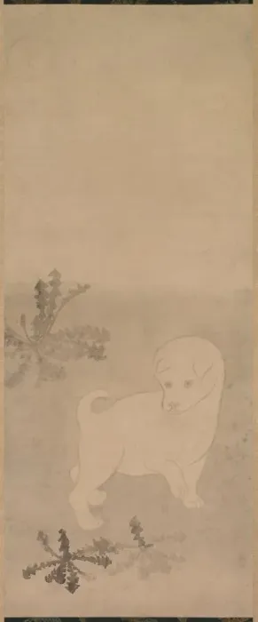 Framed Print : Puppy with Dandelions, 1600-1640. Creator: Tawaraya S?tatsu (Japanese, died c. 1640) Framed Print : Puppy with Dandelions, 1600-1640. Creator: Tawaraya S?tatsu (Japanese, died c. 1640)
