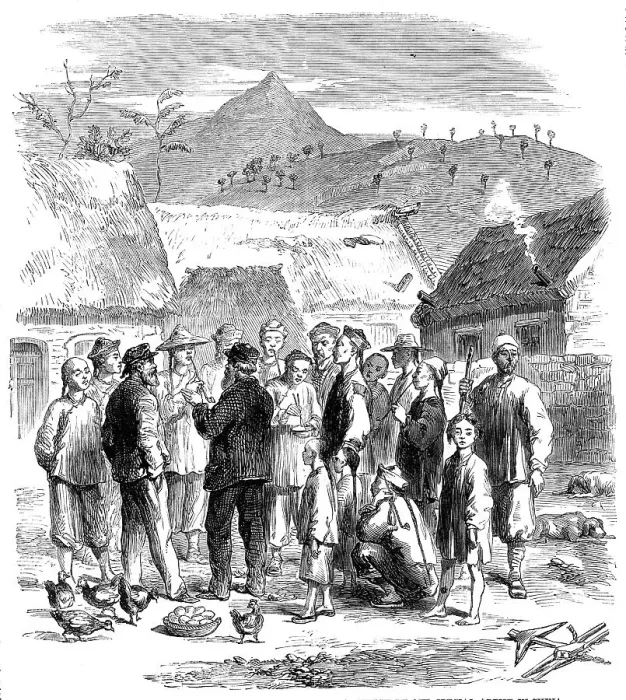 Framed Print : Purchasing eggs and fowls of the natives - from a sketch by our special artist in China, 1860. Creator: Unknown Framed Print : Purchasing eggs and fowls of the natives - from a sketch by our special artist in China, 1860. Creator: Unknown
