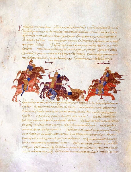 Pursuit of Sviatoslavs warriors by the Byzantine army (Miniature from the Madrid Skylitzes), 11th-1 Artist: Anonymous