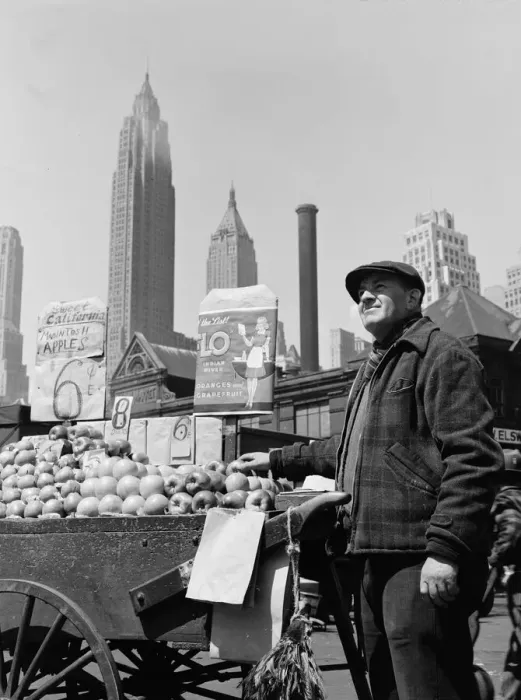 Framed Print : Push cart fruit vendor at the Fulton fish market, New York, 1943. Creator: Gordon Parks Framed Print : Push cart fruit vendor at the Fulton fish market, New York, 1943. Creator: Gordon Parks