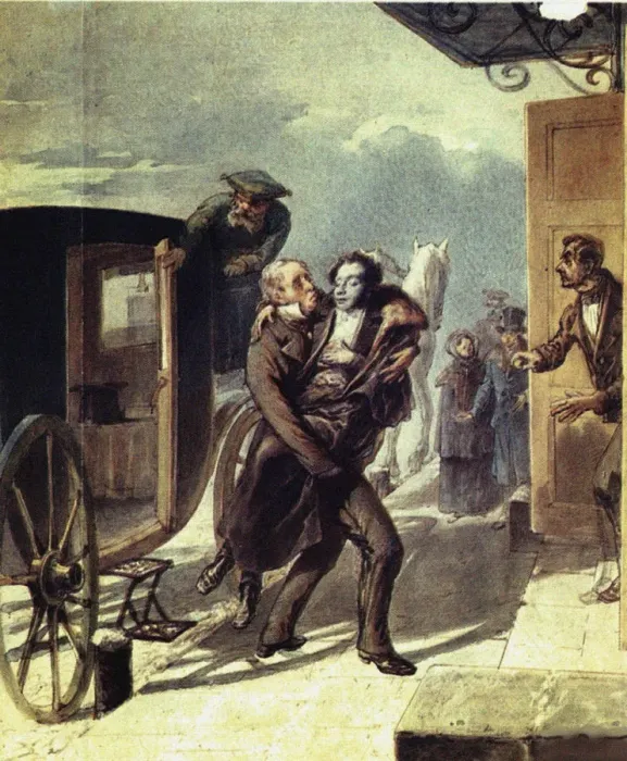 Framed Print : Pushkin after the duel, 1855. Artist: Borel, Pyotr Fyodorovich (1829-1898) Framed Print : Pushkin after the duel, 1855. Artist: Borel, Pyotr Fyodorovich (1829-1898)