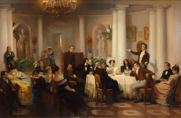 Framed Print : Pushkin and his friends listen to Adam Mickiewicz in the salon of Princess Zinaida Volkonskaya Framed Print : Pushkin and his friends listen to Adam Mickiewicz in the salon of Princess Zinaida Volkonskaya