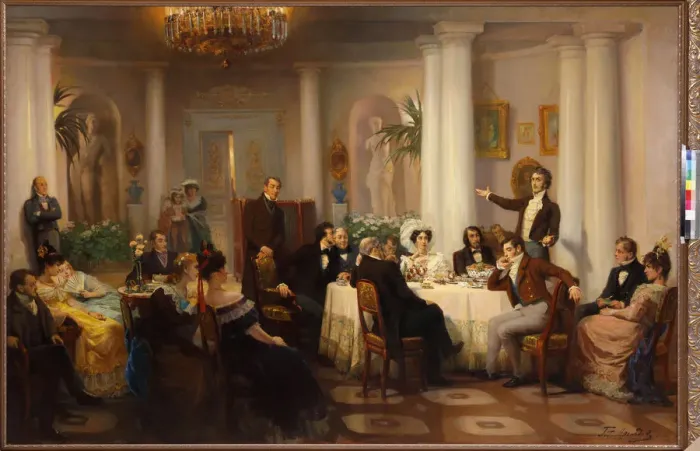 Framed Print : Pushkin and his friends listen to Adam Mickiewicz in the salon of Princess Zinaida Volkonskaya Framed Print : Pushkin and his friends listen to Adam Mickiewicz in the salon of Princess Zinaida Volkonskaya