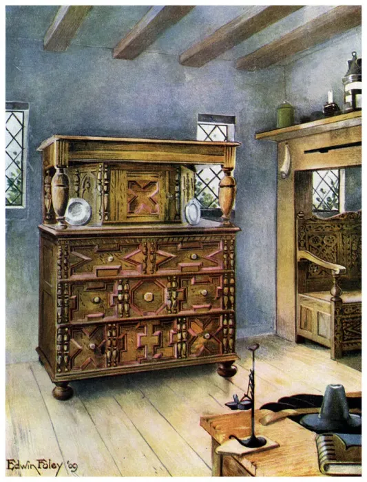 Framed Print : The Putnam Cupboard of English oak and cedar, and carved settle of American oak, 1910. Artist: Edwin Foley Framed Print : The Putnam Cupboard of English oak and cedar, and carved settle of American oak, 1910. Artist: Edwin Foley