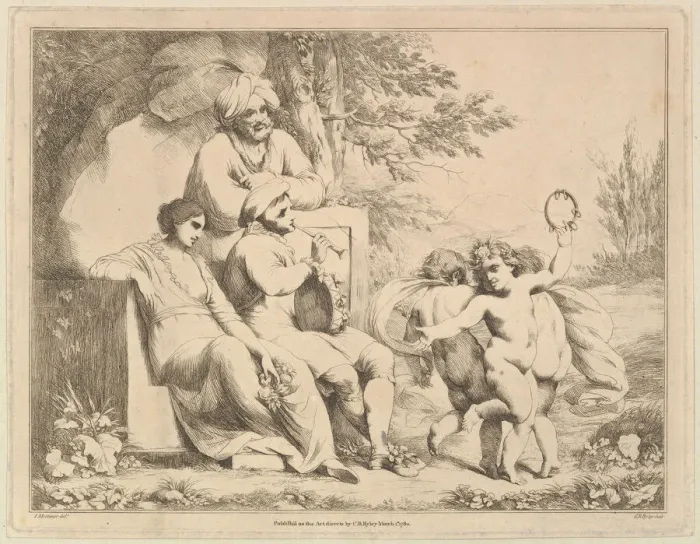 Framed Print : Three Putti Dancing to a Piper, March 1, 1780. Creator: Charles Reuben Ryley Framed Print : Three Putti Dancing to a Piper, March 1, 1780. Creator: Charles Reuben Ryley